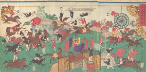 法国马戏团在浅草观音寺的院子里浅草观音像...，1871年。 作者 歌川国辉