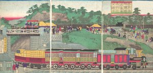 在东京的高轮铁路上运行的蒸汽机车插图 东京ta...，约1873年。 作者 歌川国辉
