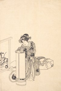 倚在高脚灯上的年轻女子。 作者 歌川国安