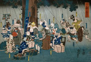 漫画动物从雨中避难（Dōke kemono no amayadori），约 1842 年 作者 歌川国义