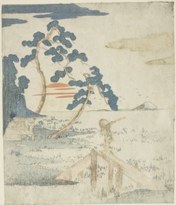 日出时过桥的人，选自 "富士山五幅 "系列插图的无标题版（无诗）。 作者 歌川国义