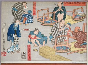 对于商店的道德教学，给出了好的和坏的行为榜样，1857年（彩色木版画）