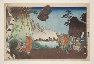 1274 年 5 月 28 日日莲和小室山的浮石（文荣 j？Ichi gogatsu nij？Hachinichi Komuroyama h？Rinseki）（彩色木版画） 作者 歌川国义