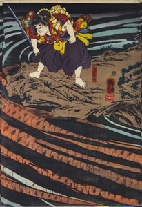 三联画的面板，描绘了鬼若丸 作者 歌川国义