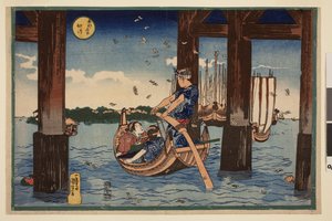 筑田岛附近桥下飘入大海的朝圣标记，选自《东都名胜》系列 作者 歌川国义