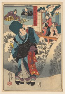 雪景中的旅行僧侣与妻儿同处一室
Kanadehon chûshingura（物件上的系列名称） 作者 Enshuya Matabei