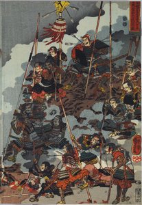 彩色木版画三联画的片子，名为Eiroku yonnen kugatsu yokka Kawanakajima kassen ni Yamamoto Kansuke ny？D？No uchijini no zu 作者 歌川国义