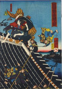彩色木刻版三联画的片材，名为H？ryukaku sh ？ no zu描绘了Takiwzawa Bakin的Hakkenden中的一个场景，展示了犬冢Shino之间的寺庙屋顶上的战斗 作者 歌川国义