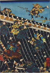 彩色木刻版画三联画中的一张，题为 "Hōryukaku shō no zu"，描绘了泷泽萝拉的 "函谷关 "中的一个场景，显示了犬冢志乃（右）和犬饲宪八手下的警察在寺庙屋顶上的打斗，改编自一个三联画。 作者 歌川国义