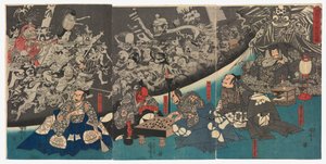 在源赖光大人的宅邸里，土蜘蛛产生了怪兽（《源赖光的高田につちぐものようかい o nasu zu》（《源赖光的高田につちぐものようかい o nasu zu》）。 作者 歌川国义