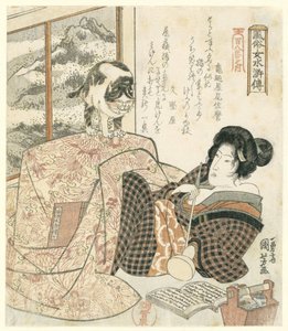桌上有猫的女人 水浒传英雄的优雅女性 - 选自《一百零八》系列（系列标题） Fûzoku Onna Suikoden - 百八番之内（物体上的系列标题） 作者 歌川国义