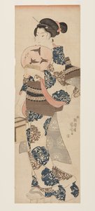 带扇子和昆虫笼的女人（彩色木版画 作者 歌川国义