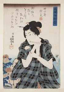 为菊花写标签（彩色木版画） 作者 歌川国义