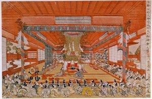 神道仪式描绘了日本最古老的宗教神道崇拜的仪式。 歌川丰春（1735-1814）的日本版画。 巴黎，吉美博物馆，亚洲艺术博物馆。