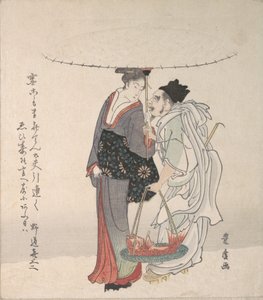 惠比寿和弁天在雪地里散步。 作者 歌川丰洋