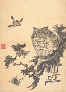 猫头鹰和两只燕子。 作者 歌川丰洋