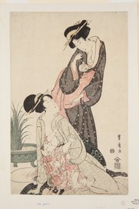 两个带着金鱼和哺乳婴儿的女人（彩色木刻版画） 作者 歌川丰洋