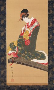 妇女戴上手指拨片弹奏古筝，19世纪初。
