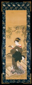 一个女人的全长肖像，她在阳台上调节三弦琴（sumi，gofun和丝绸上的颜色）； 作者 歌川丰国