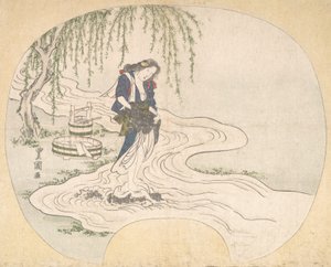 一个女人站在溪流中的岩石上洗衣服，约1828年。