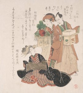 演员Nakamura Utayemon和两个准备参加新年仪式的妇女，19世纪。 作者 歌川丰国一世