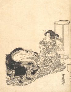 宫女或演员扮演的宫女在灯火下倒茶。 作者 歌川丰国一世