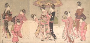 宫女和服务员在制作一个巨大的雪球，约1796年。