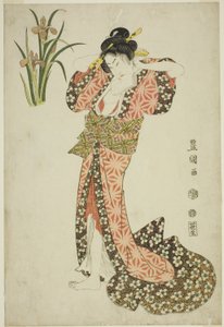 鸢尾花：整理头发的美人，选自无标题的美人与花系列作品 作者 歌川丰国一世
