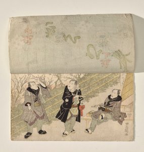 歌舞伎舞台，帷幕拉开，露出三位歌舞伎演员 作者 歌川丰国一世
