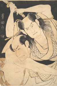 演员泽村宗九郎三世高举宝剑，岚七郎三世作为战斗...，约1798年。 作者 歌川丰国一世