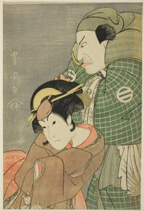 1796 年 11 月在宫古剧场上演的话剧 "圣和日大御濑源氏 "中饰演伊予之太郎的片冈尼左卫门七世和饰演冈崎小十郎五常的岩井半四郎。 作者 歌川丰国一世