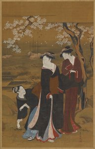 海边开花的樱花树下的三个女人，1769-1825。 作者 歌川丰国一世