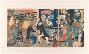 在 Gankiro 茶馆饮酒作乐的外国人
Gokakoku Gankiro ni oite sakamori no zu（物品上的标题）
来自五国的外国人在 Gankiro 茶馆饮酒作乐