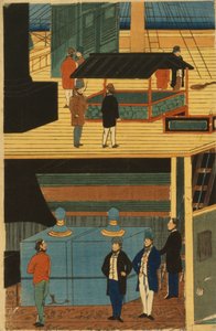 美国轮船，甲板下有一群乘客，甲板上有活动 作者 歌川义和