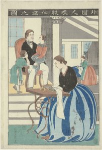 缝纫机后的西方妇女
Gaikokujin ifuku shitate no zu（物体上的标题）
外国人做衣服的形象 作者 歌川义和