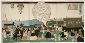 美国的热气球》，1865 年出版。1865 年（手工彩色木刻） 作者 歌川佳tora