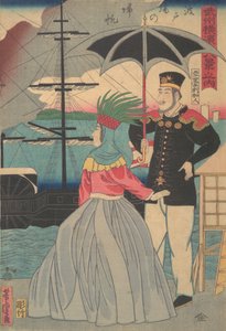 码头上的归帆[美国夫妇]，1861年1月。 作者 歌川佳tora
