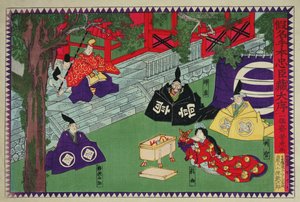 歌舞伎剧“Kanadehon Chushingura”第一幕的场景，这是一个基于 1703 年四十七浪人事件的复仇故事，约 1870 年（彩色木版画）