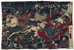 歌川吉虎川中岛大战（活跃于 1850-1880 年）。 彩色木刻，尺寸：23x35，c。 1870年，梵高博物馆，阿姆斯特丹 作者 歌川佳tora