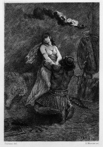 他跪在地上，跪在她面前。 V.A. 的插图 Poirson (1890) 为古斯塔夫·福楼拜 (Gustave Flaubert) 的小说《萨拉姆博》(Salammbo) 创作，以第一次布匿战争 (公元前 246-241 年) 罗马人和迦太基之间的雇佣军战争为框架