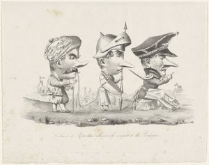 Spotprent op de Rotterdamse schutterij, 1830 年
Les braves de Rotterdam allant à la conquête de la Belgique（物上标题） 作者 V·杜布勒