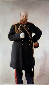 亚历山大三世 (1845-1895) 脚下的肖像，俄罗斯皇帝 Valentin Serov (1865-1911) 1895 年圣彼得堡绘画。 Chateau De Peterhof - 亚历山大三世（1845-1895）的全长肖像，俄罗斯皇帝。 瓦伦丁·谢罗夫 (1865-1911) 的绘画 作者 瓦伦丁·亚历山德罗维奇·塞罗夫