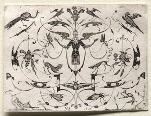 带有孔雀、鹦鹉、狗和昆虫的阿拉伯式图案，1626年。 作者 Valentin Sezenius