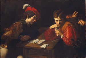 瓦伦丁·德·布洛涅 (Valentin de Boullogne，1591-1632 年) 所著的《锐利者》。 布面油画，c。 1615. 尺寸：94.5x137 厘米。 德累斯顿国家艺术收藏馆