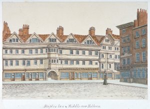 1850年，伦敦Holborn中心的Staple Inn和Middle Row的建筑景观。            作者 情人节戴维斯