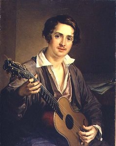 吉他手。吉他大师弗拉基米尔-伊万诺维奇-莫科夫（1803-64）的肖像 1839年（布面油画