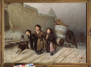 三驾马车（雪橇）。学徒找水（冬天的街道）。瓦西里（瓦西里）-格里戈里耶维奇-佩罗夫（1834-1882 年）的画作，布面油画