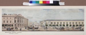 La bibliotheque publique Imperiale（涅夫斯基透视全景） - 皇家公共图书馆（来自涅夫斯基大街的全景），作者是萨多夫尼科夫，瓦西里·谢苗诺维奇（1800-1879 年）。 石版画、水彩 作者 瓦西里·塞梅诺维奇·萨多夫尼科夫
