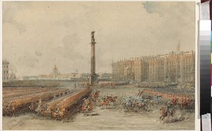 宫殿广场的救生马团游行 - 瓦西里·谢苗诺维奇·萨多夫尼科夫（1800-1879）。 纸本水彩和白色 作者 瓦西里·塞梅诺维奇·萨多夫尼科夫