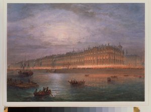 冬宫夜景（圣彼得堡）。瓦西里-谢苗诺维奇-萨多夫尼科夫（1800-1879 年）的作品，纸上水彩画。19 世纪俄罗斯艺术。圣彼得堡国家冬宫。 作者 瓦西里·塞梅诺维奇·萨多夫尼科夫